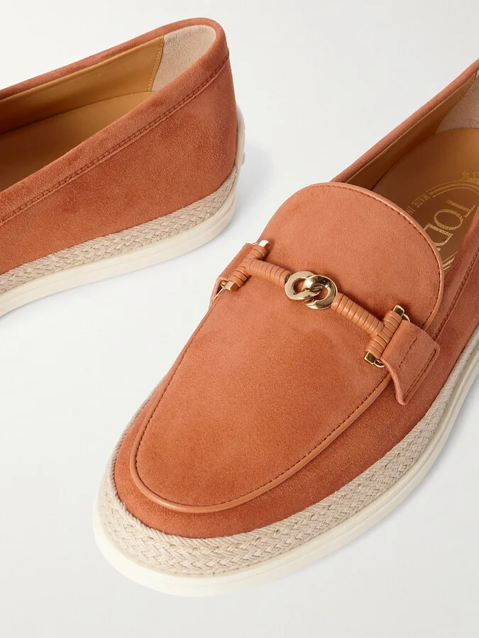 Tod's - Gomma Embellished Leather And Raffia-trimmed Suede Loafers - Red - Image 4