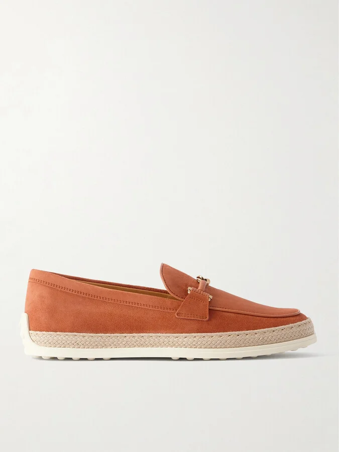 Tod's - Gomma Embellished Leather And Raffia-trimmed Suede Loafers - Red