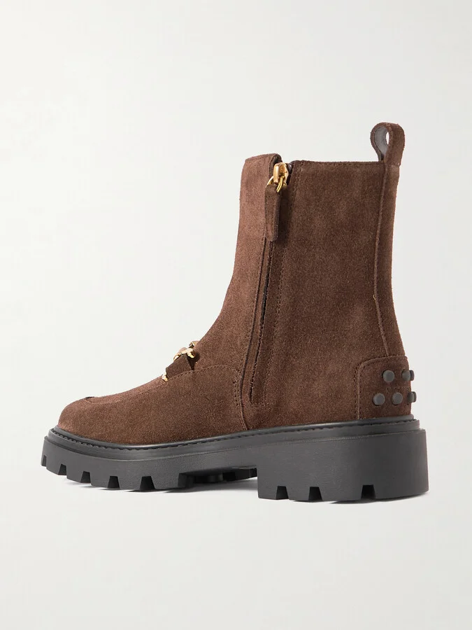 Tod's - Gomma Pesante Embellished Suede Ankle Boots - Brown - Image 3