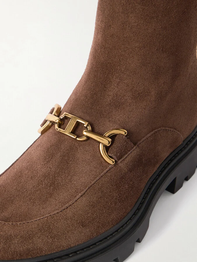 Tod's - Gomma Pesante Embellished Suede Ankle Boots - Brown - Image 4