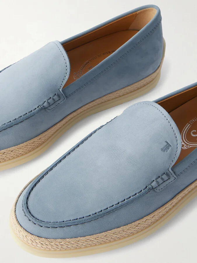 Tod's - Gomma Raffia-trimmed Nubuck Loafers - Blue - Image 4