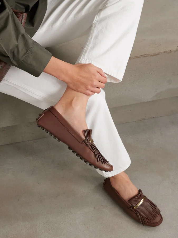 Tod's - Gommino Embellished Fringed Leather Loafers - Brown - Image 2
