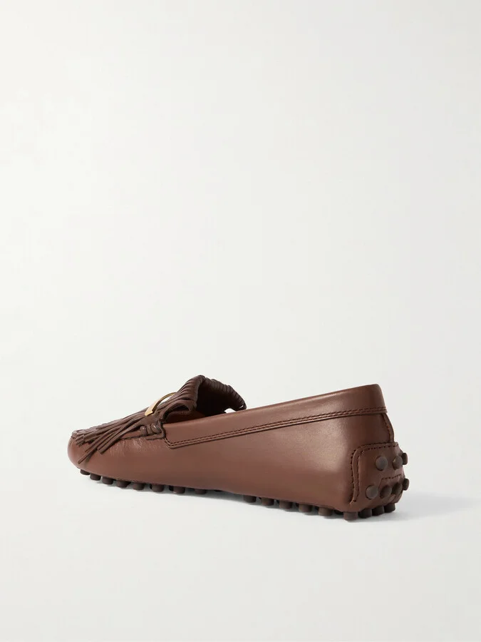 Tod's - Gommino Embellished Fringed Leather Loafers - Brown - Image 3