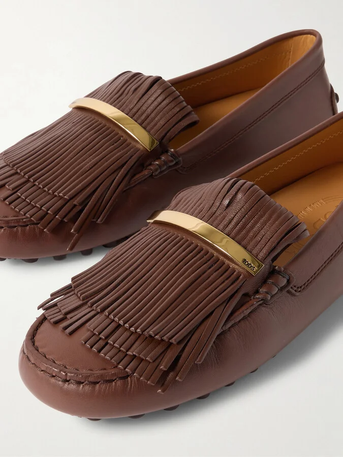Tod's - Gommino Embellished Fringed Leather Loafers - Brown - Image 4
