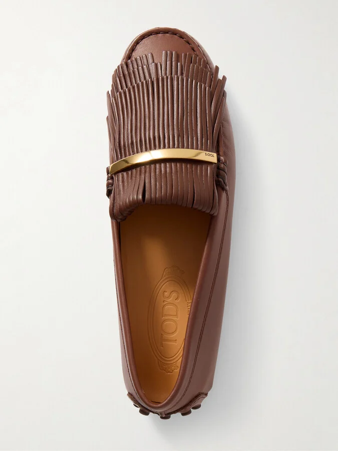 Tod's - Gommino Embellished Fringed Leather Loafers - Brown - Image 5