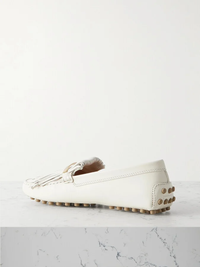 Tod's - Gommino Embellished Fringed Leather Loafers - Off-white - Image 3