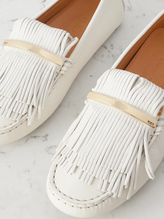 Tod's - Gommino Embellished Fringed Leather Loafers - Off-white - Image 4
