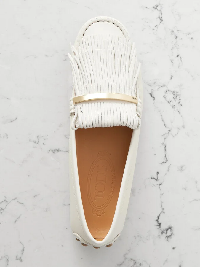 Tod's - Gommino Embellished Fringed Leather Loafers - Off-white - Image 5