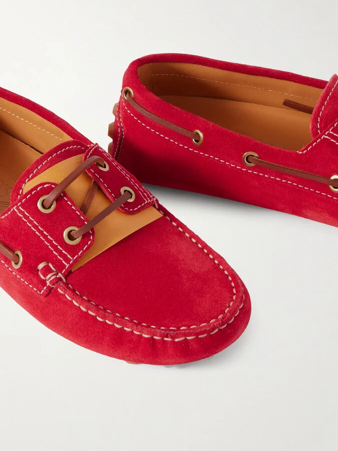 Tod's - Gommino Leather-trimmed Suede Boat Shoes - Red - Image 4