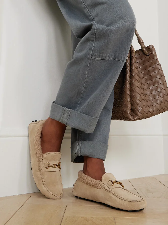 Tod's - Gommino Macro Embellished Shearling-trimmed Suede Loafers - Neutrals - Image 2