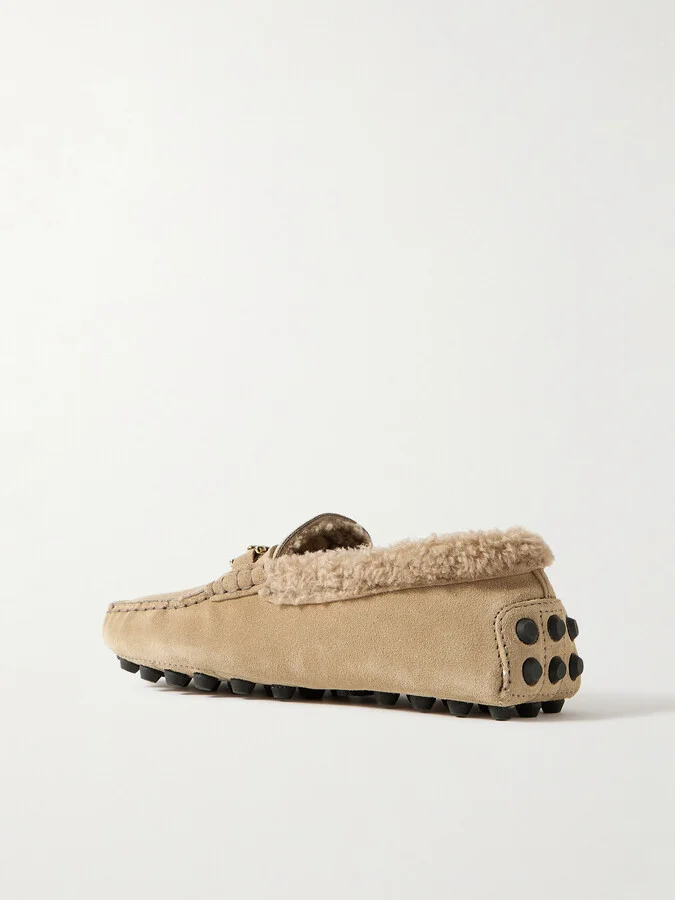 Tod's - Gommino Macro Embellished Shearling-trimmed Suede Loafers - Neutrals - Image 3