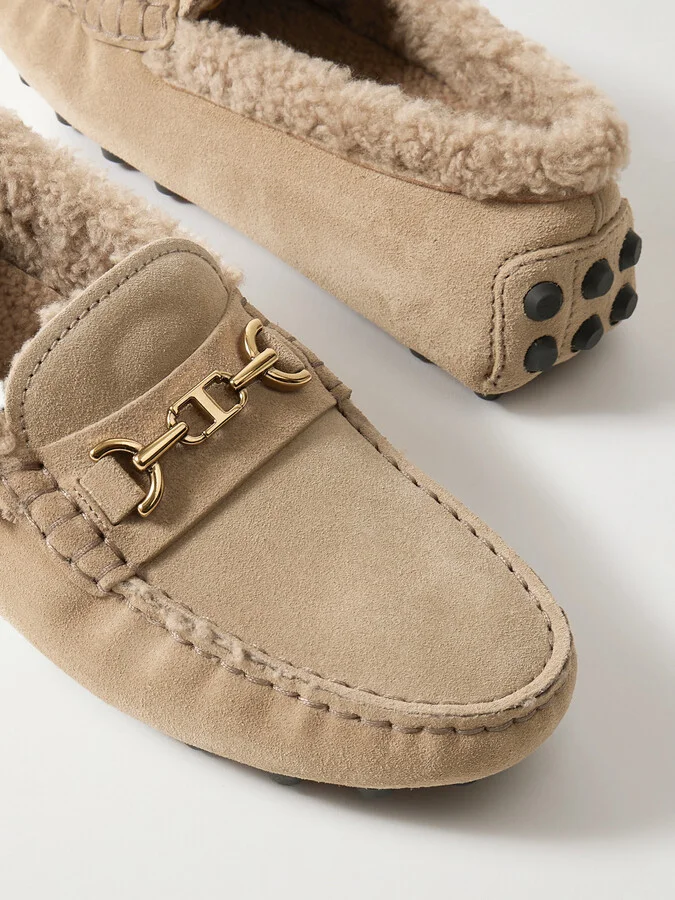 Tod's - Gommino Macro Embellished Shearling-trimmed Suede Loafers - Neutrals - Image 4