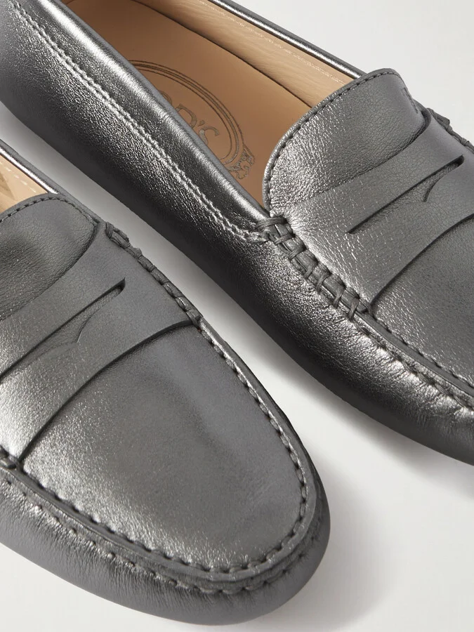 Tod's - Gommino Metallic Leather Loafers - Silver - Image 4