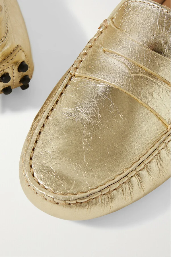 Tod's - Gommino Metallic Textured-leather Loafers - Gold - Image 4