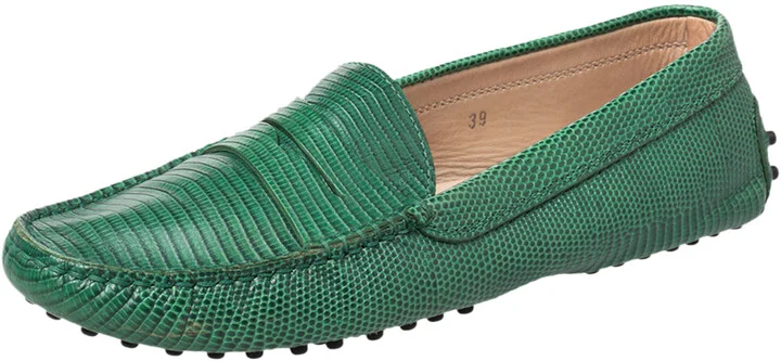 Tod's Green Lizard Embossed Leather Penny Slip On Loafers Size 39