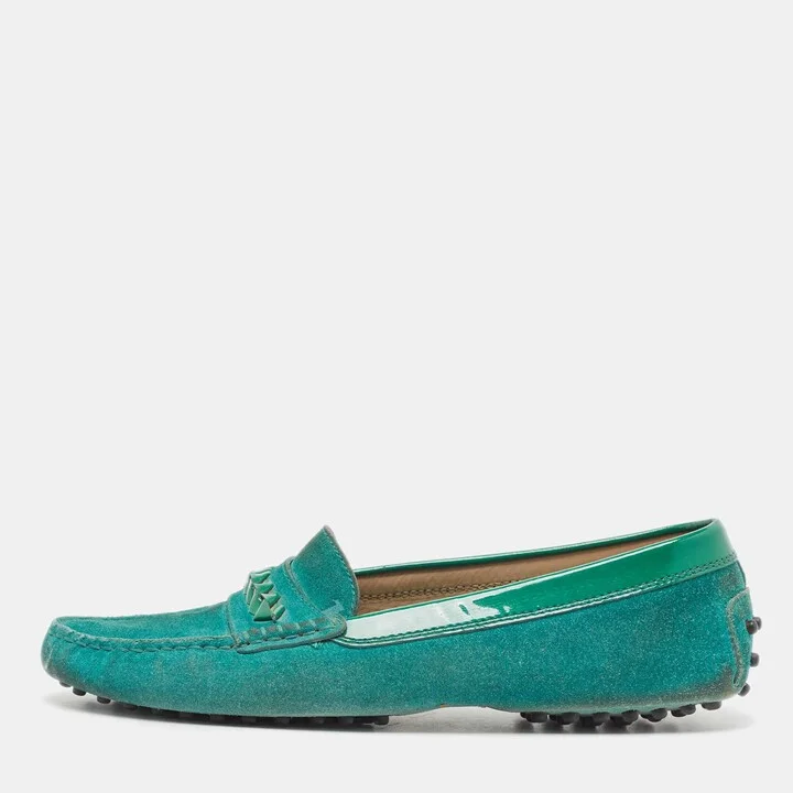 Tod's Green Suede and Patent Slip On Loafers Size 39