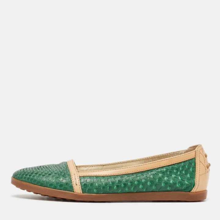 Tod's Green/Tan Snakeskin And Leather Loafers Size 35.5