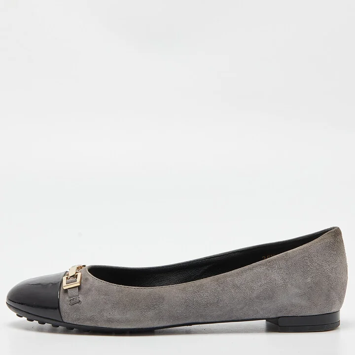 Tod's Grey/Black Suede and Patent Leather Buckle Detail Ballet Flats Size 36.5