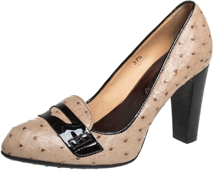 Tod's Grey/Brown Ostrich Leather And Patent Leather Loafer Pumps Size 37.5