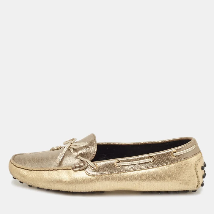 Tod's Grey/Gold Textured Suede Bow Slip On Loafers Size 38