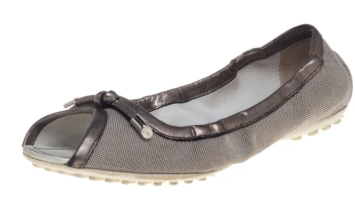 Tod's Grey/Metallic Canvas And Leather Bow Open Toe Flats Size 39
