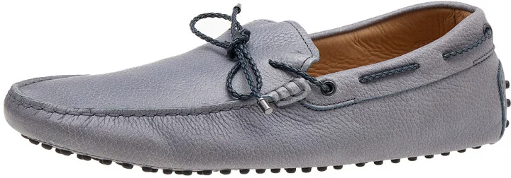 Tod's Grey/Navy Blue Leather Braided Bow Slip On Loafers Size 47