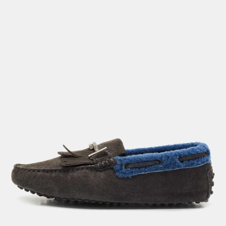 Tod's Grey Shearling and Suede Double T Driver Loafers Size 39.5
