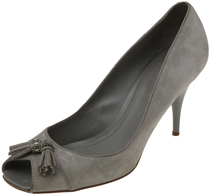 Tod's Grey Suede Embellished Fringe Peep Toe Pumps Size 40