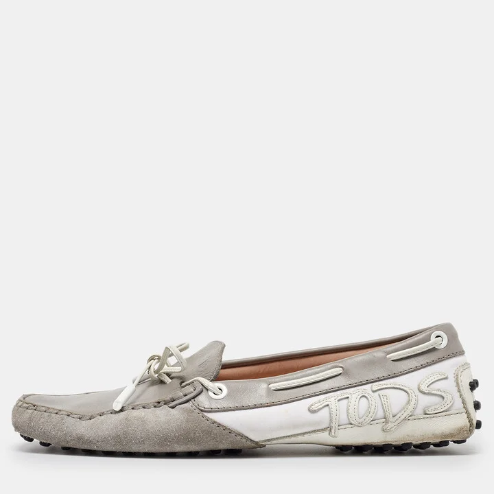 Tod's Grey/White Suede and Leather Bow Slip On Loafers Size 38