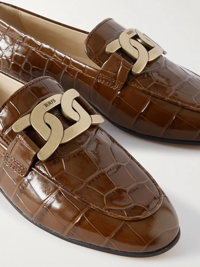 Tod's - Kate Embellished Croc-effect Leather Loafers - Brown - Image 4