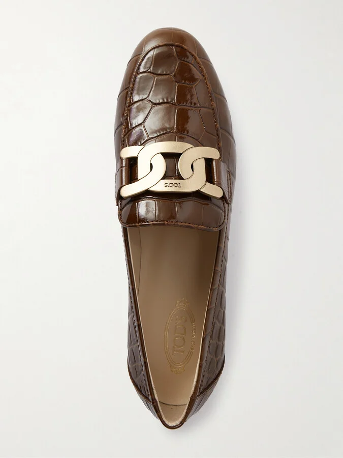 Tod's - Kate Embellished Croc-effect Leather Loafers - Brown - Image 5