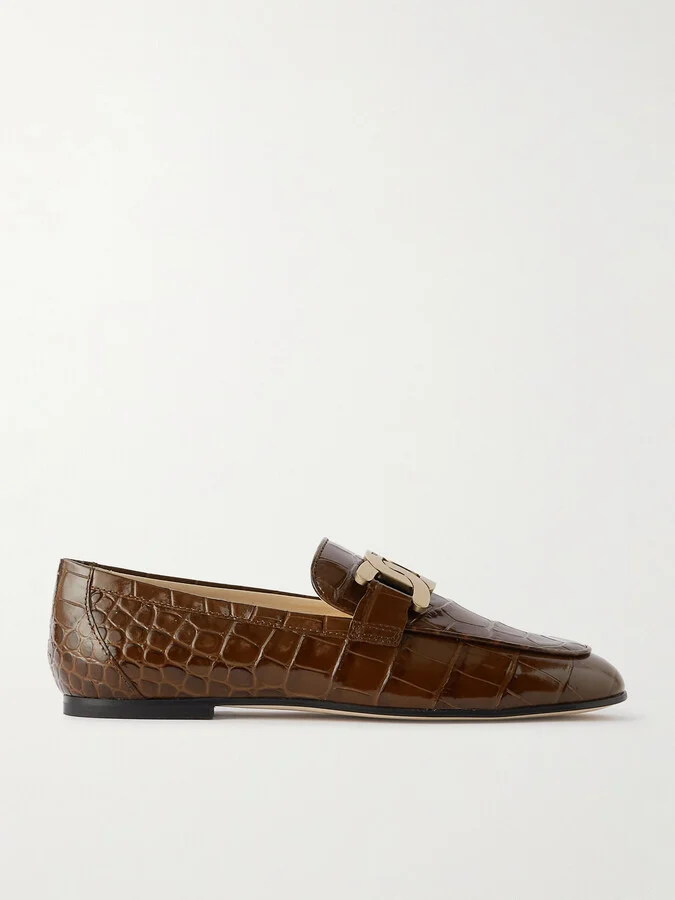 Tod's - Kate Embellished Croc-effect Leather Loafers - Brown