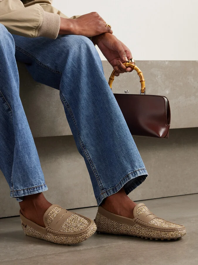 Tod's - Leather-trimmed Raffia Mocassins - Neutrals - Image 2
