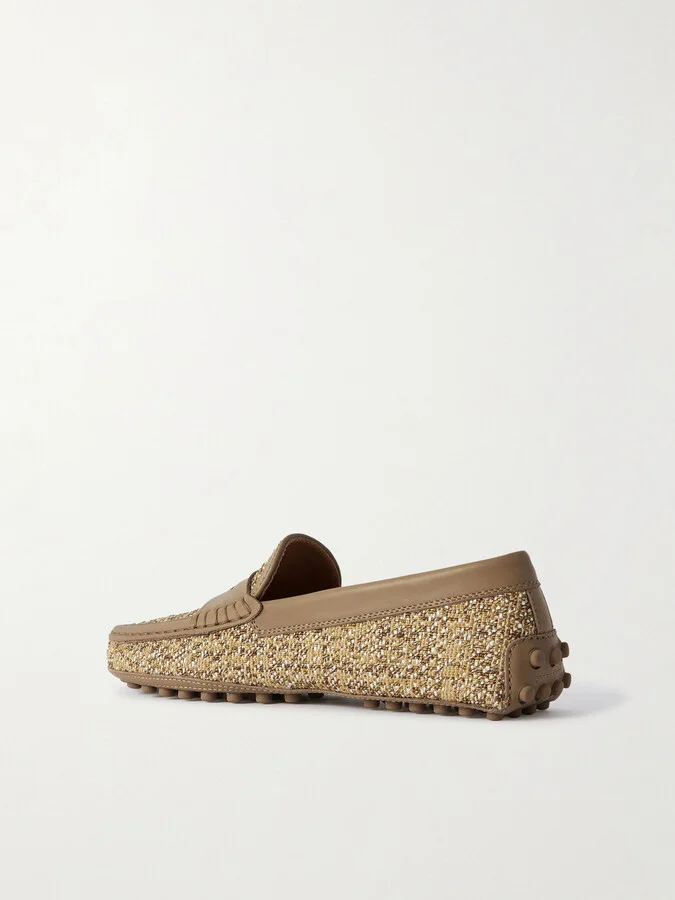 Tod's - Leather-trimmed Raffia Mocassins - Neutrals - Image 3