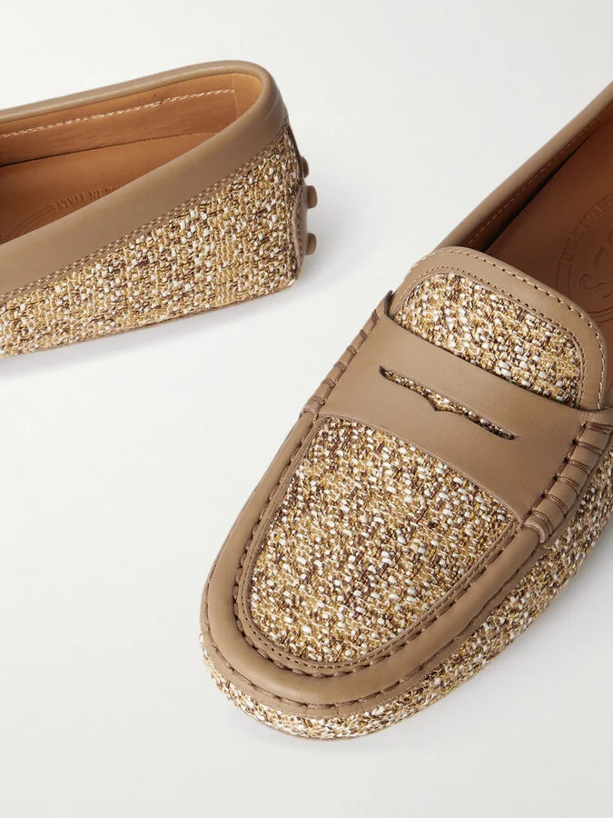 Tod's - Leather-trimmed Raffia Mocassins - Neutrals - Image 4