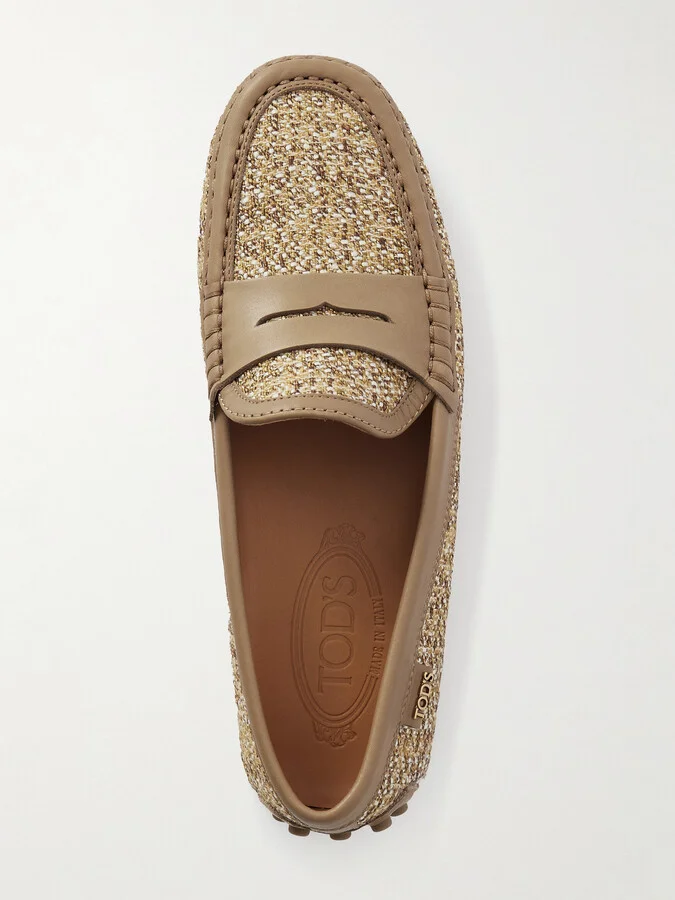 Tod's - Leather-trimmed Raffia Mocassins - Neutrals - Image 5