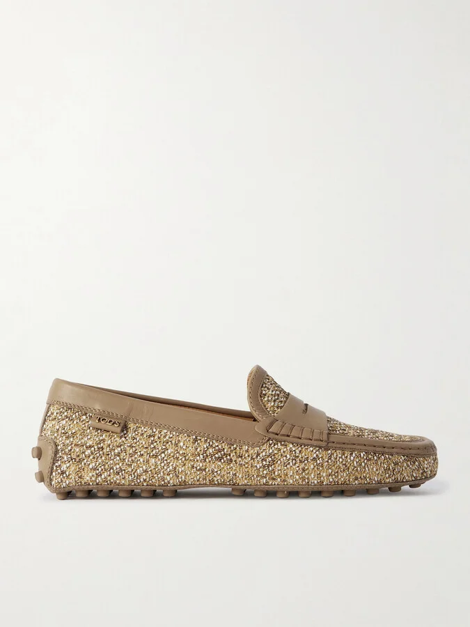 Tod's - Leather-trimmed Raffia Mocassins - Neutrals