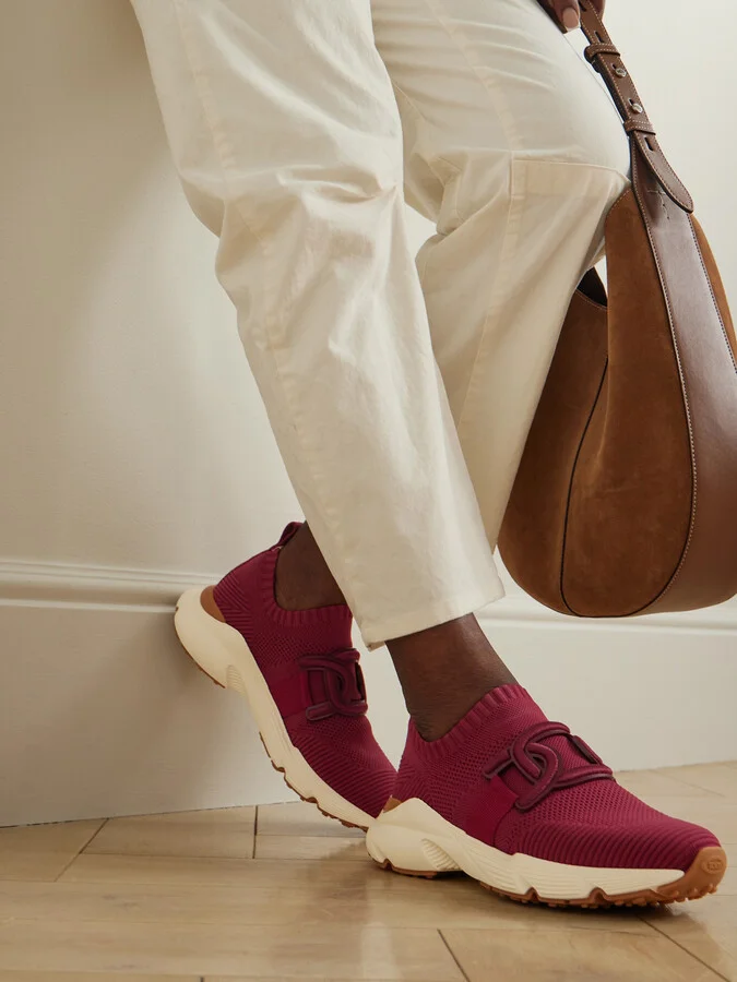 Tod's - Leather-trimmed Stretch-knit Slip-on Sneakers - Burgundy - Image 2