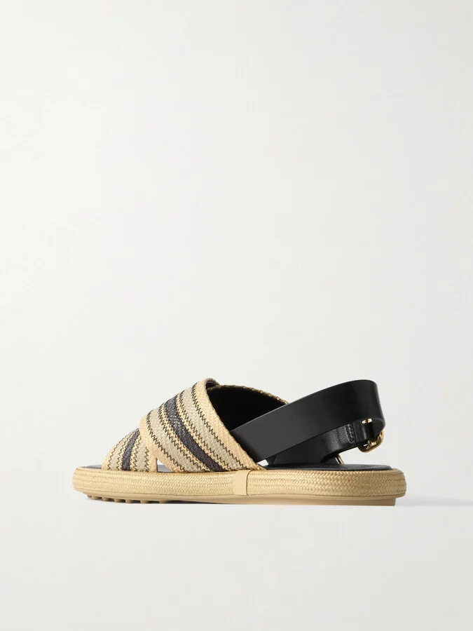 Tod's - Leather-trimmed Striped Raffia Sandals - Neutrals - Image 3