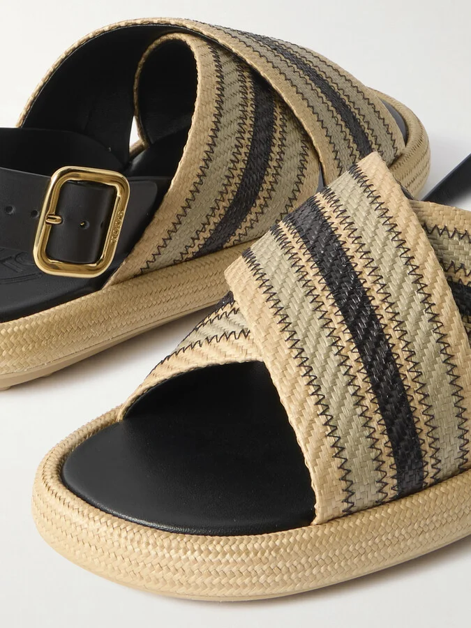Tod's - Leather-trimmed Striped Raffia Sandals - Neutrals - Image 4