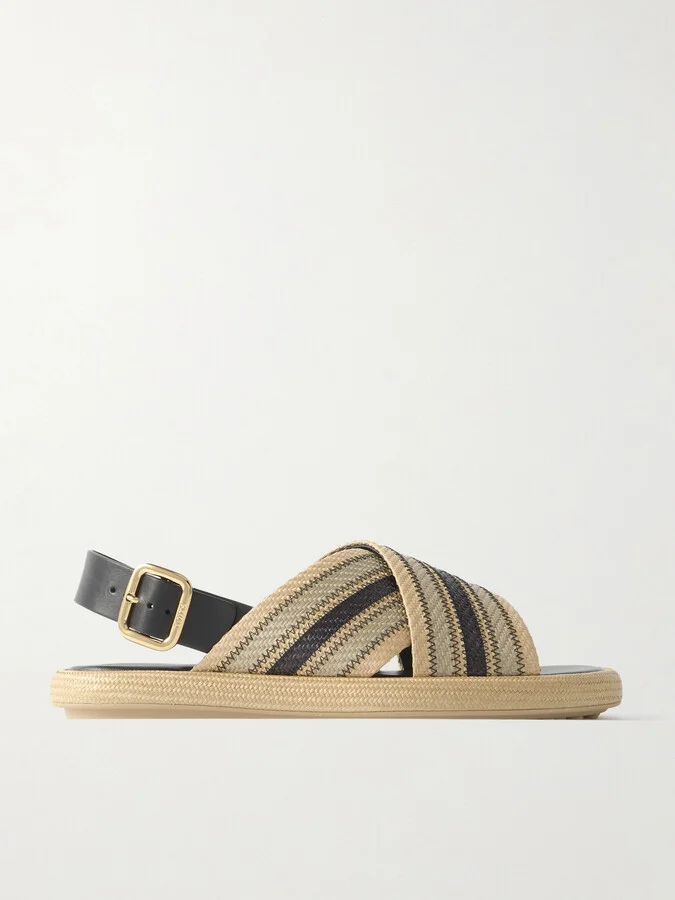 Tod's - Leather-trimmed Striped Raffia Sandals - Neutrals