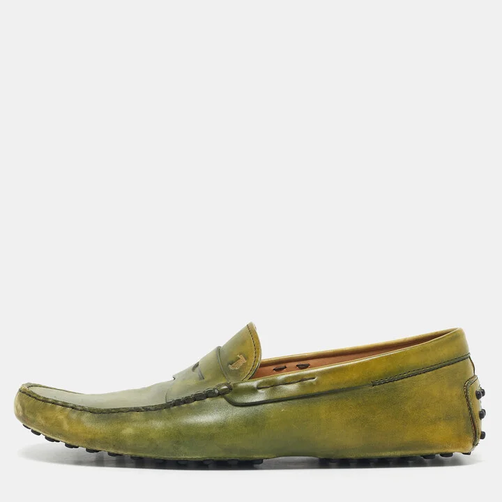Tod's Light Green Leather Penny Slip On Loafers Size 44.5