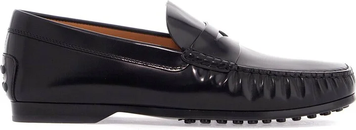 TOD'S men's black calfskin loafers with elegant insert and rubber sole