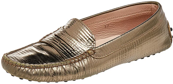 Tod's Metallic Bronze Lizard Embossed Leather Penny Loafers Size 37
