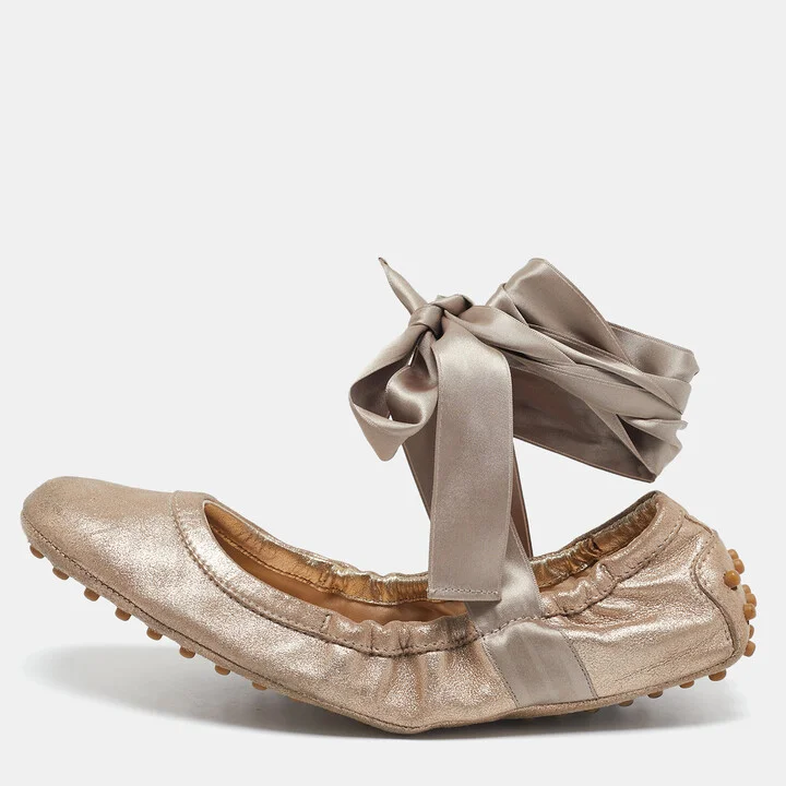 Tod's Metallic Bronze Nubuck Leather Scrunch Ribbon Ballet Flats Size 39