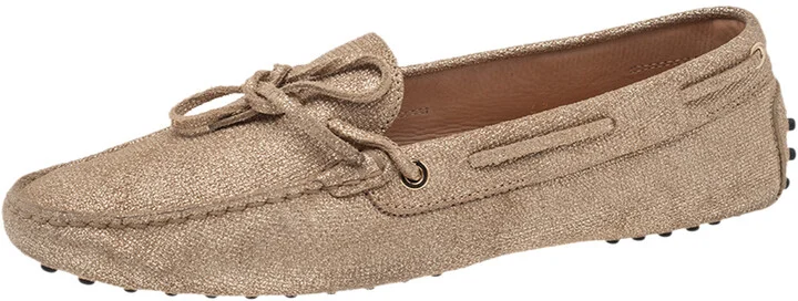 Tod's Metallic Gold Canvas Bow Loafers Size 42