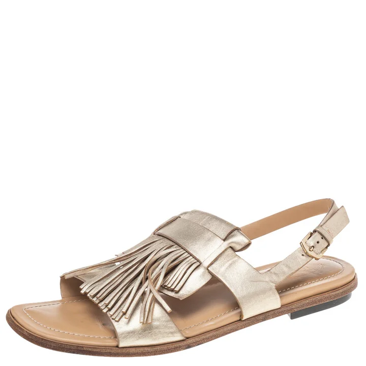 Tod's Metallic Gold Leather Fringe Slingback Flat Sandals Size 37