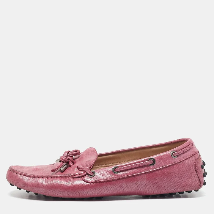 Tod's Metallic Pink Leather Bow Slip On Loafers Size 38