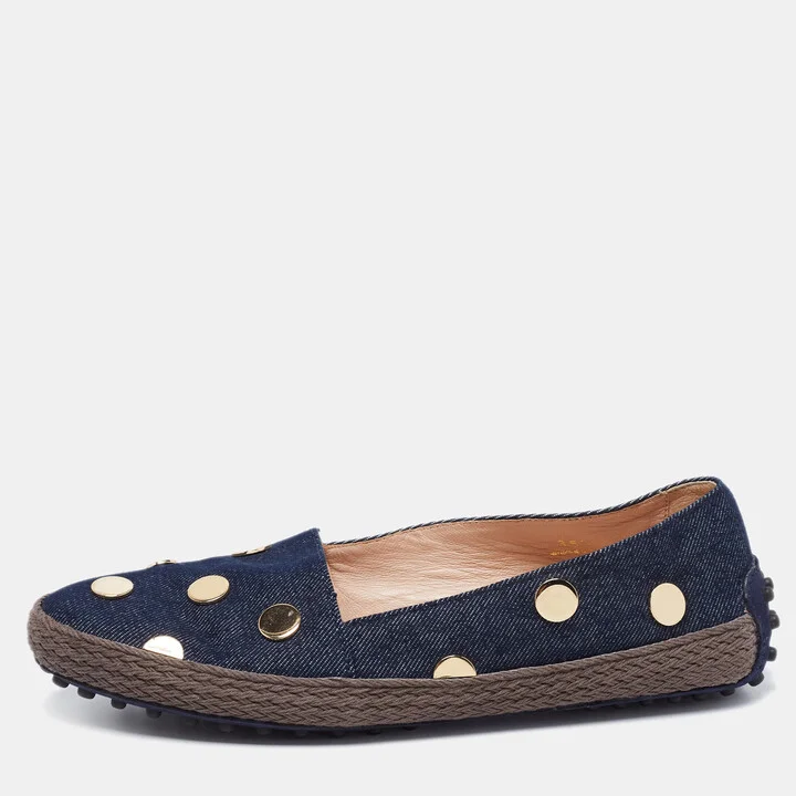 Tod's Navy Blue Denim Studded Espadrille Flats Size 36.5