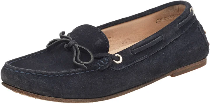 Tod's Navy Blue Leather Bow Slip On Loafers Size 36.5